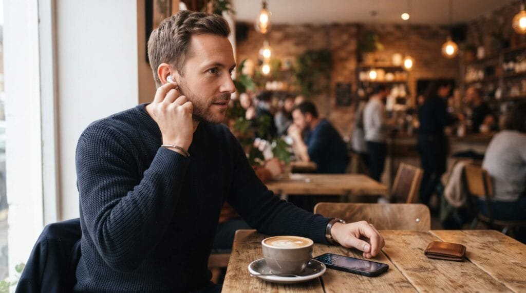 Conheça 5 Fones de Ouvido Bluetooth: Modelos que Valem a Pena man inserting wireless earbud 2k 202609031453